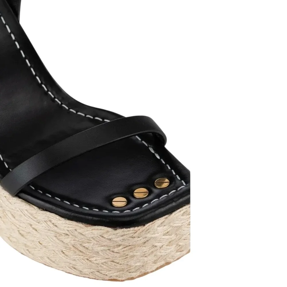 FRAME Black Leather Espadrille Platform‎ Wedge Sandals Ankle Strap Size 10 EU 41